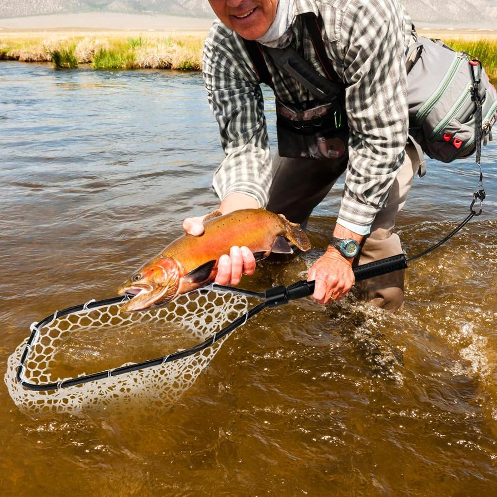 Fly Fishing Net Bass Trout Landing Net Folding Fishing Nets with Non-absorbent Coating Mesh Freshwater Safe Catching Releasing