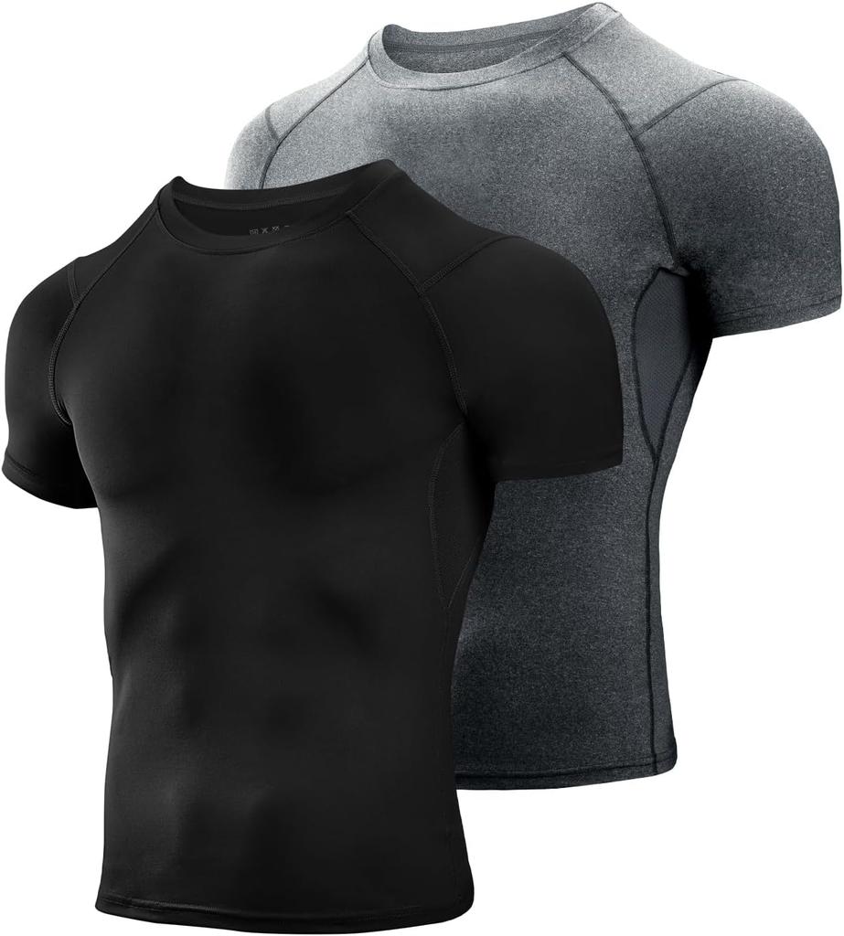 Men's Compression Shirts 2 Pack, Short Sleeve Athletic Compression Tops Cool Dry Workout T Shirt