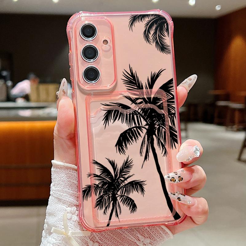 Card Slot Pocket Case For Samsung Galaxy A56 A55 A35 A25 A16 A15 A36 5G S25 S24 Ultra S23 S24 FE Coconut Tree Printed TPU Cover