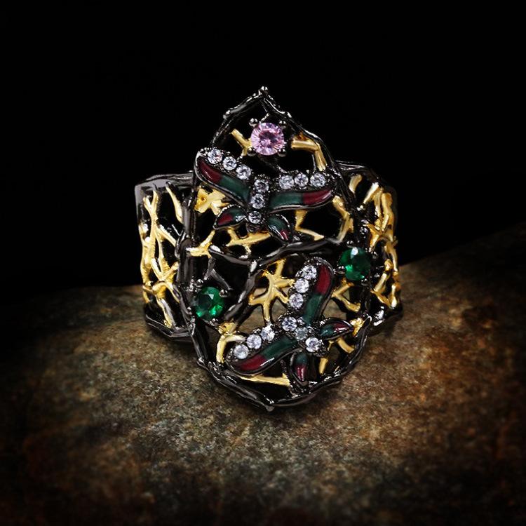 2026 Black Gold Three-piece Multi-color Natural Stone Geometric Two-color Flower Ring Necklace Earrings Jewelry Set