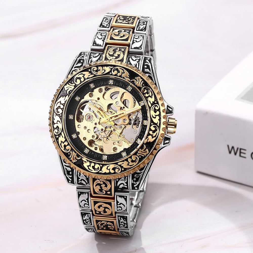 Steampunk Men's Automatic Watch Gold Stainless Steel Vintage Classic Fashion Gift