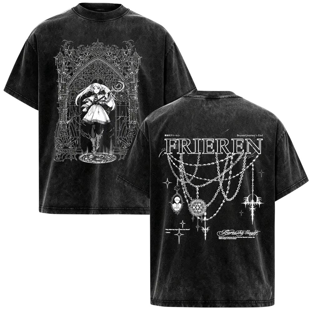 Hot Sale Anime Frieren Beyond Journey's End Vintage Washed T-shirt Men's Women Clothing Fashion Short Sleeve Trendy Streetwear for Daily Looks