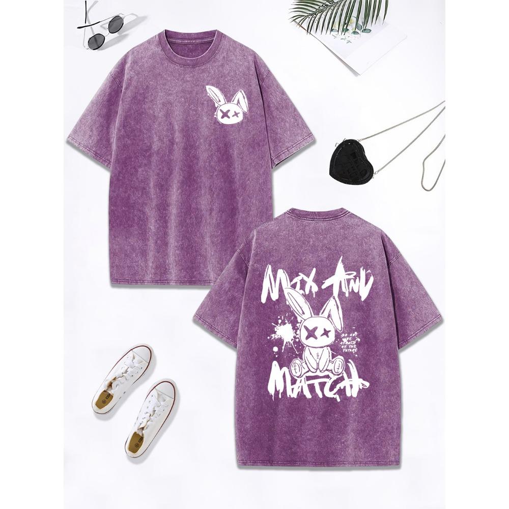 Match Rabbit Graffiti Printing Washed T-Shirt Womens Cotton Oversized Tops Comfortable Distressed O-Neck T Shirt Clothes
