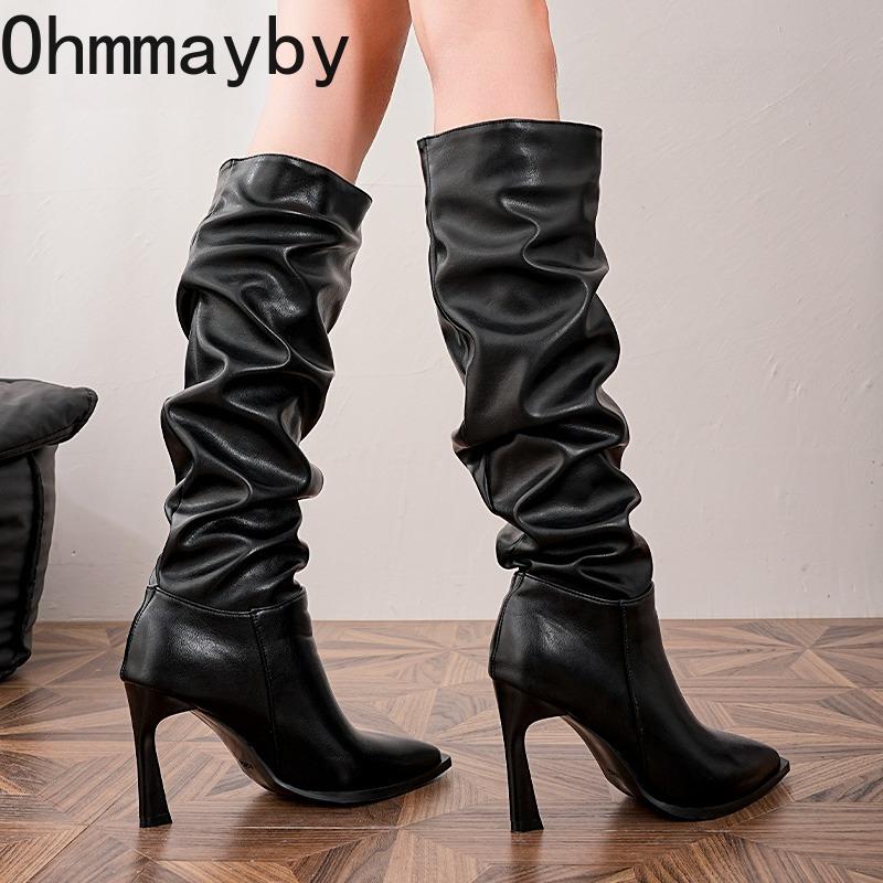 Vintage Pointed Toe Pleated Women Knight High Boots Party Stripper Sexy High Heel Shoes Autumn Winter Female Long Booties
