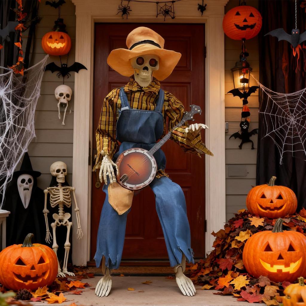 Halloween Skeleton Animated Banjo Skeleton Joint Adjustable Musical Prop with Glowing Eyes For Indoor Outdoor