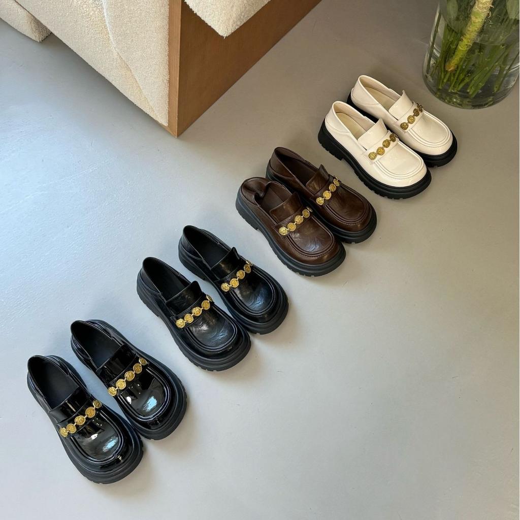 Spring new loafers women's small gold coins with retro British style small leather shoes women's versatile women's shoes