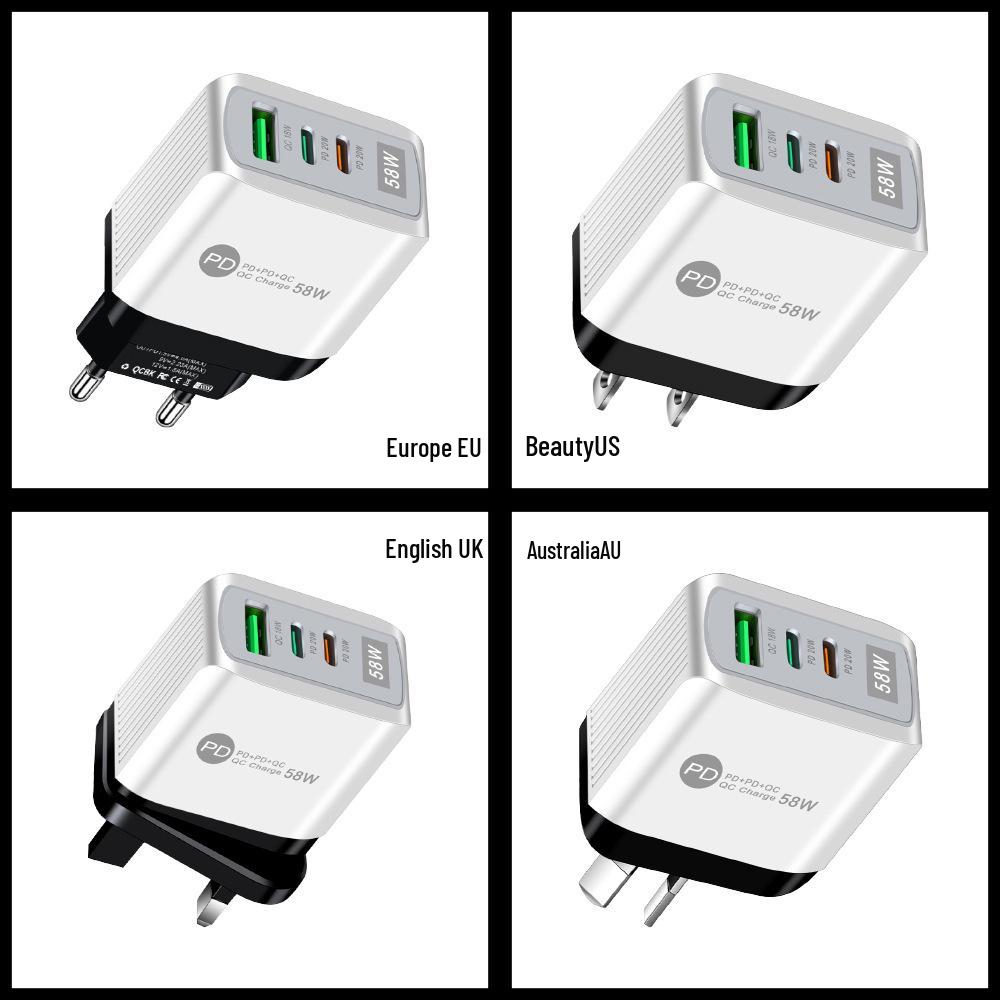 58W Dual Fast Charger with 2PD + QC3.0 for EU, US, UK, AU Plugs