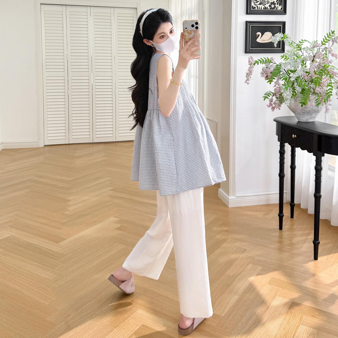2026 Summer Maternity V-Neck Fashion Doll Shirt & Wide-Leg Pants Korean Style Two-Piece Set Large