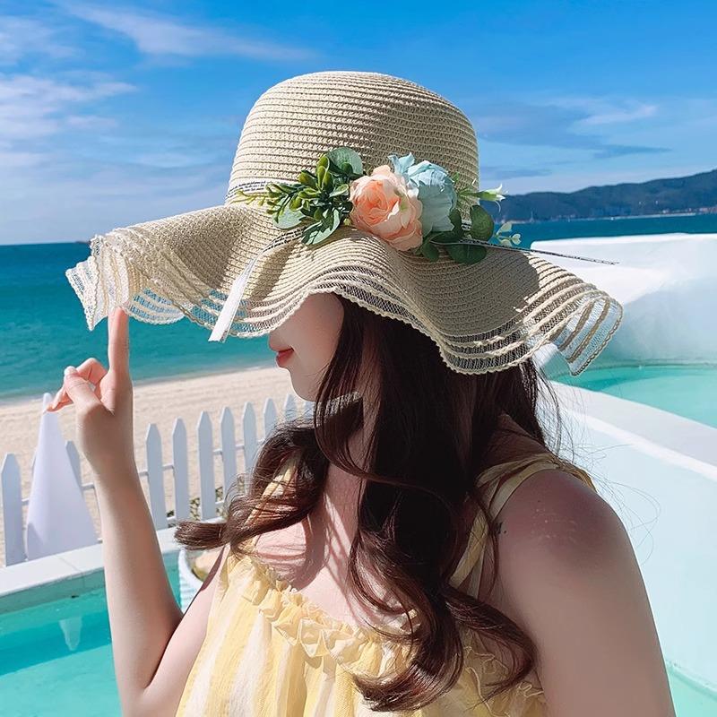 Fashionable Adult Simulation Flower Wave Straw Weaving Sun Protection Straw Hat Summer Versatile Seaside Big Brim Beach Sun Hat