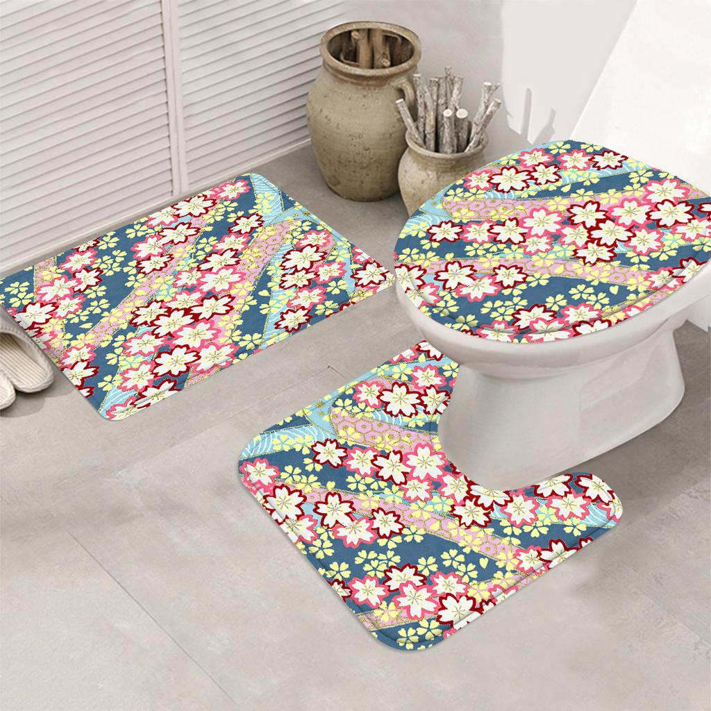 Plum Blossom 4pcs Cartoon Characters Shower Curtain Set - 12 Hook Waterproof Shower Curtain with Non-Slip Rug, Toilet Mat,