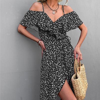 Summer Sexy Off-shoulder Floral Slip Dress For Women Casual Petal Sleeve Slash Neck Beach Dress Fashion Printed Skirt Robe 24726