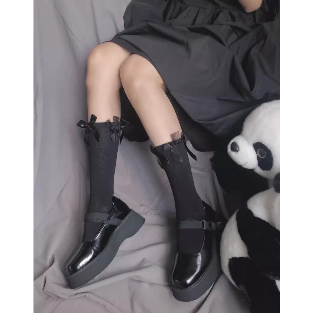 Japanese Lolita Retro White Satin Bow Trendy Cool Dark Jk Two Wear Stacked Calf Socks