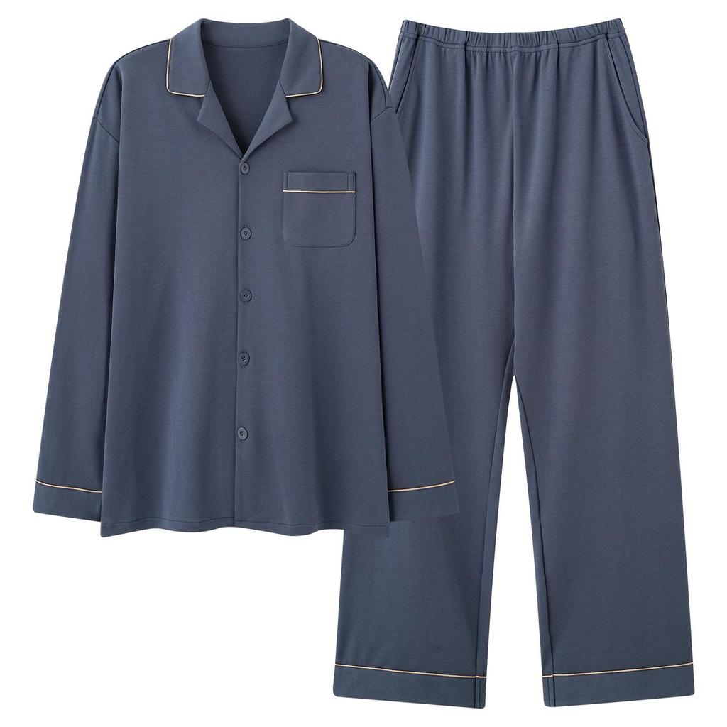 Men's Plus Size Cotton Pajamas Cardigan Set for Spring/Autumn - Long Sleeve, Lightweight, Casual Wear for Home or Out.