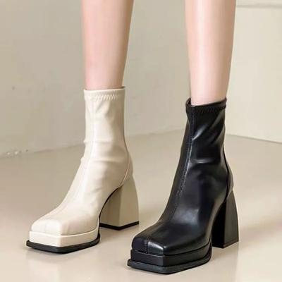 Vintage Französischer Stil Damen Kurzstiefel mit Dickem Absatz Frühling Sommer Einzelne Stiefel Elastisches Kurzes Rohr Schlankmachend Weiß Hoher Absatz