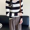Pulover strâmt cu mâneci lungi și gât rotund de primăvară și toamnă, tricou tricotat în dungi, bluză de bază, top de toamnă și iarnă