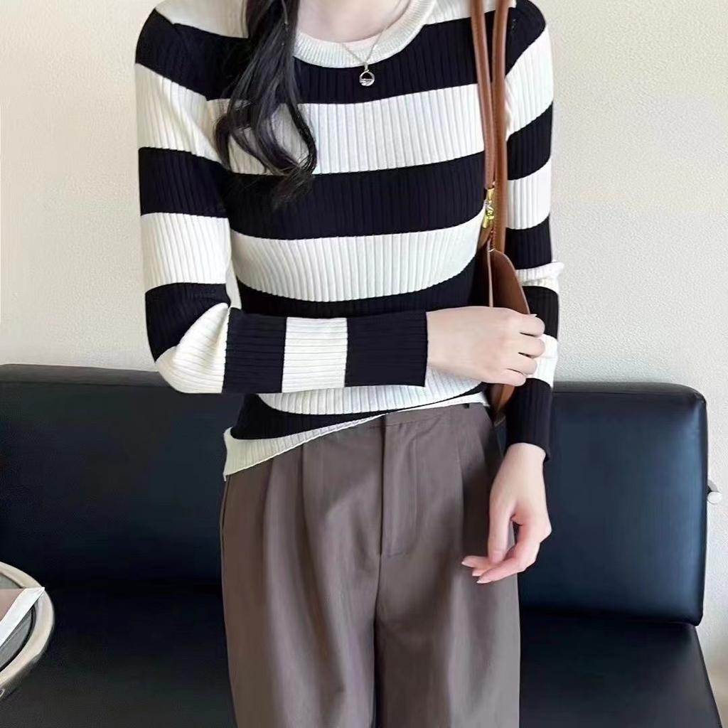 Pulover strâmt cu mâneci lungi și gât rotund de primăvară și toamnă, tricou tricotat în dungi, bluză de bază, top de toamnă și iarnă