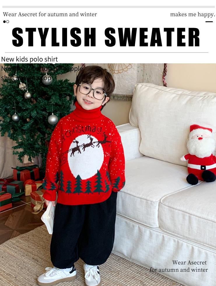 2025 Winter Kinder Roter Rollkragenpullover - Trendiger Weihnachtsstil für Jungen und Mädchen