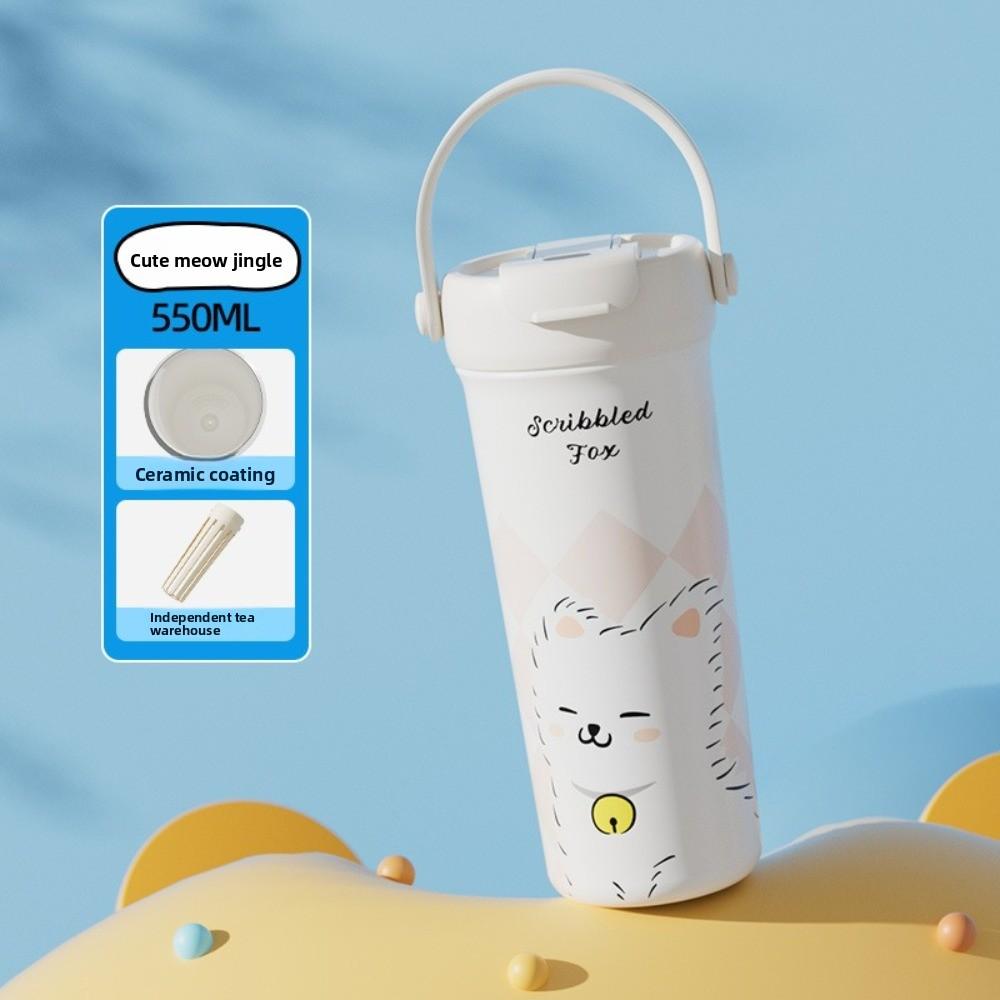 550ml Vacuum Tumbler Cartoon Cat Puppy Ceramic Inner Liner Insulated Cup Large Capacity Leak-proof Thermal Water Bottle Student