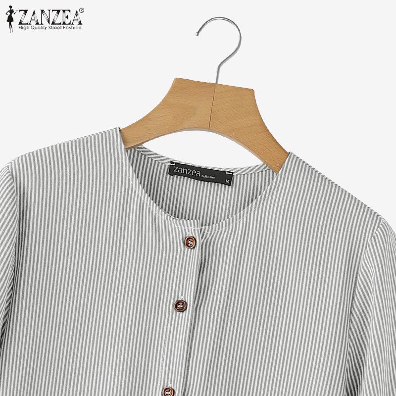 ZANZEA Women Casual Round Neck Short Sleeve Loose Stripe Dress