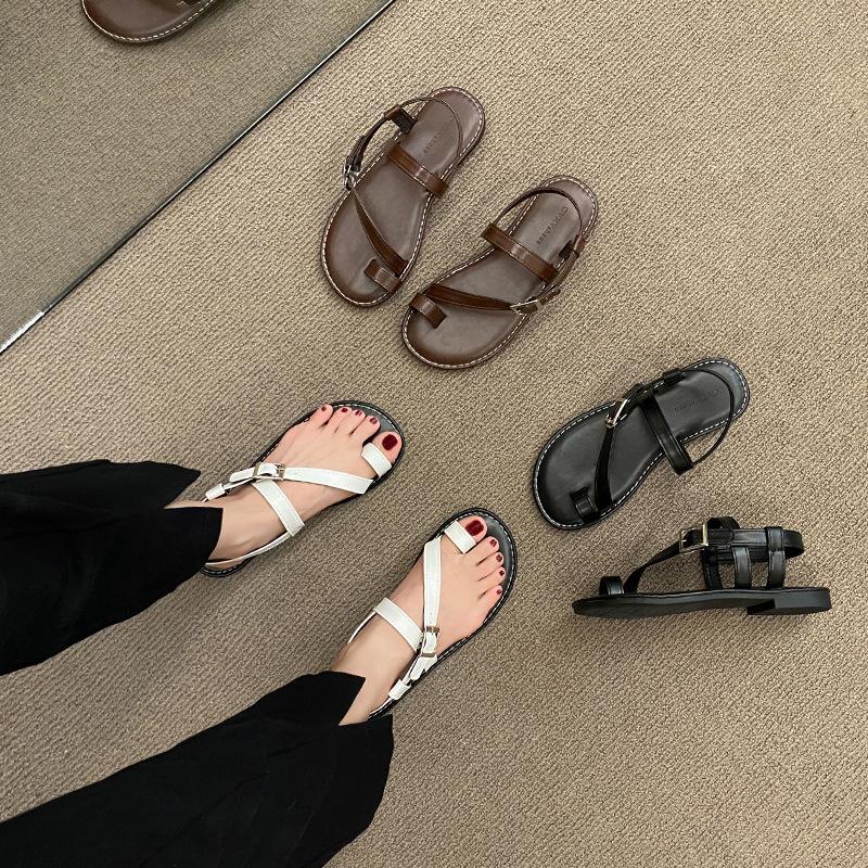 Fashion Beige Heeled Sandals Flip Flops Platform Spring Shoes 2025 Summer Shallow Mouth Black Corrective Retro Flat Girls New Gladiator