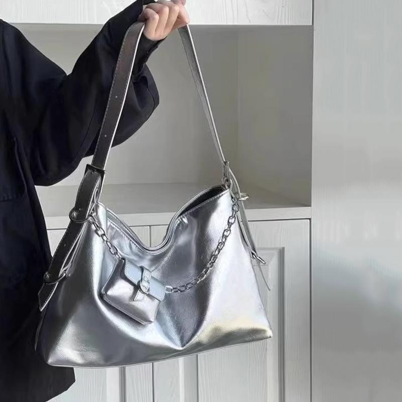 Yogodlns Fashion Women's Trend Fashion Large Capacity Silver Soft PU Leather Underarm Bag Commute Hobo Shoulder Bags