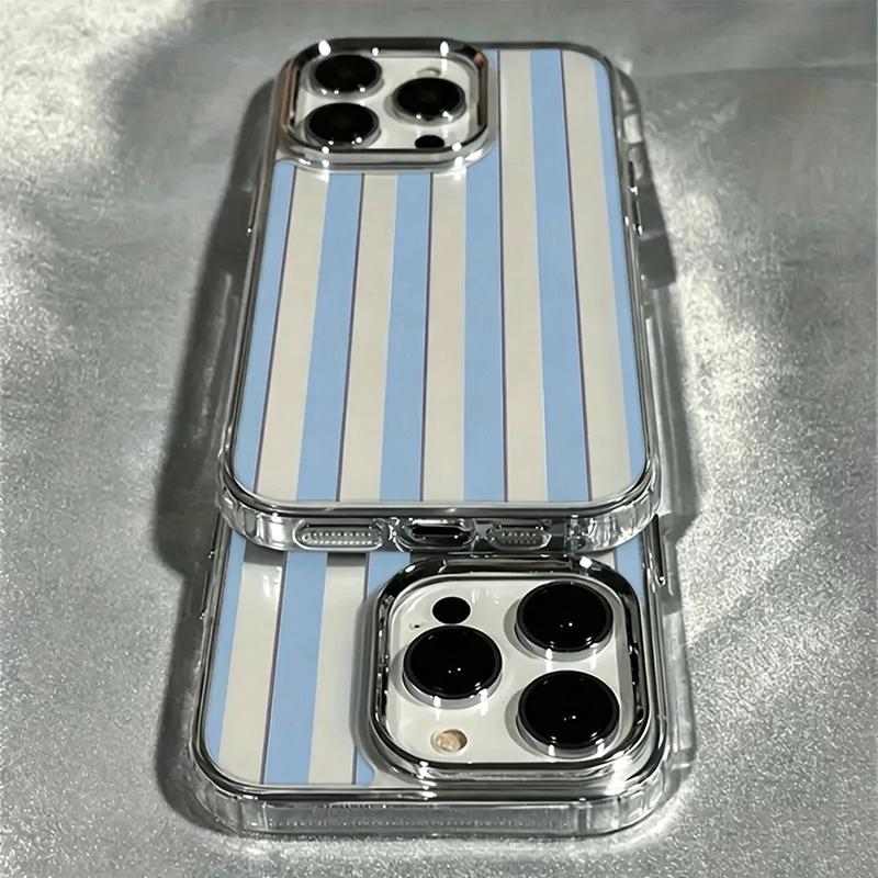 Blue White Wide Stripes Electroplated Lens Frame Clear Phone Case for iPhone 17 Air 16 15 14 13 12 11 Pro Max XS Max X TPU Cover