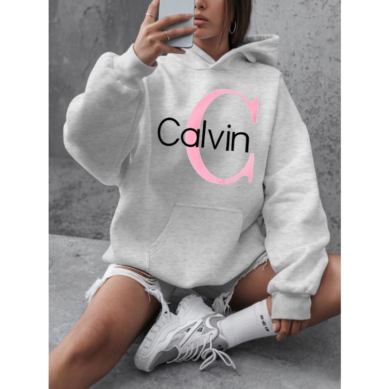 Calvin Grafik Hoodie Damen Übergröße  Calvin  Grafik Hoodie - Lässiger Pullover mit langen Ärmeln und Taschen y2k Kleidung S