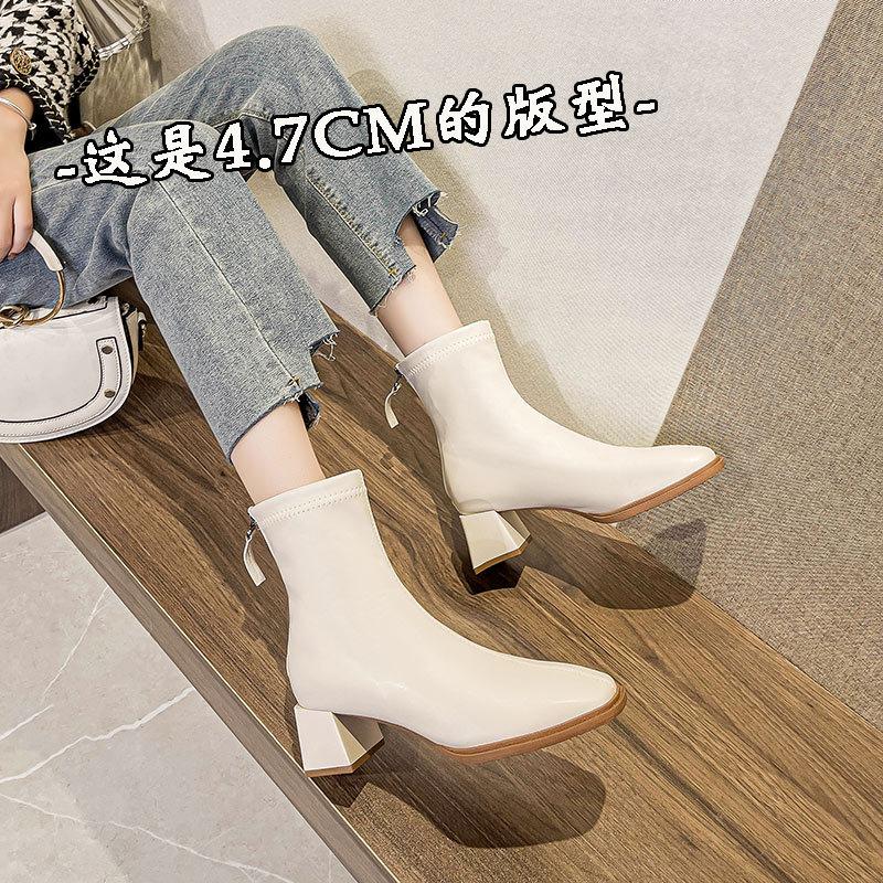 High-heeled short boots women's spring and autumn single boots 2024 autumn and winter new boots medium tube thick heel white bare boots square head th