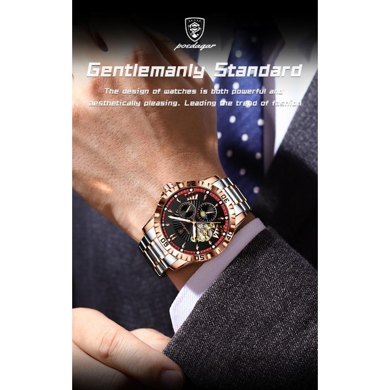 POEDAGAR Luxury Men Clock Hollow Tourbillon Automatic Mechanical Watch Waterproof Luminous Stainless Steel Watches+Box