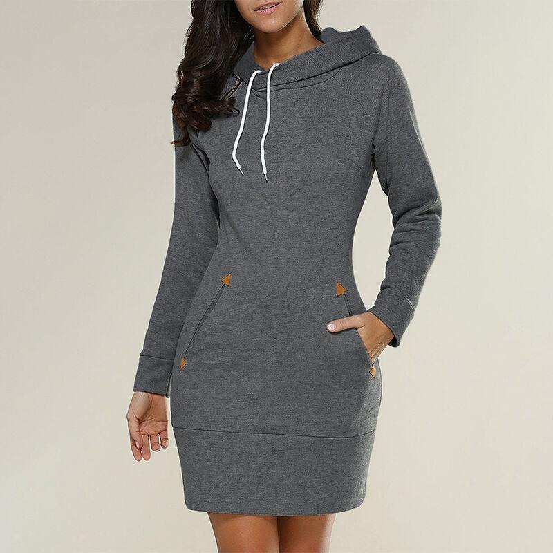 

Hooded Mini Womens Dress Casual Long Sleeve Hoodies Sweatshirt Jumper Slim Tops XL темно-сірий