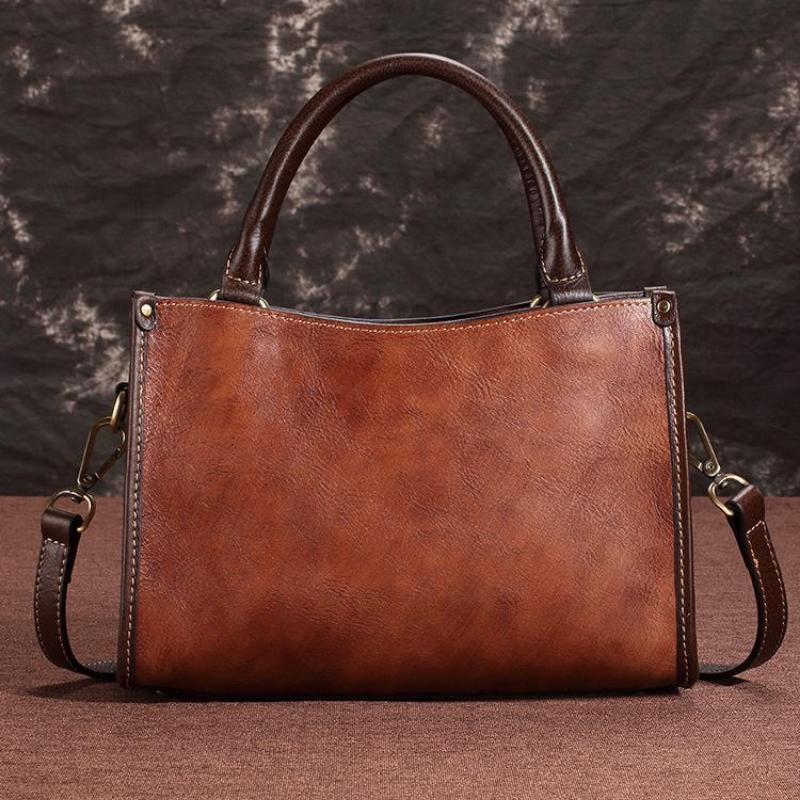 Johnature Retro-Schulter- und Umhängetaschen aus Rindsleder mit Prägung, lässige Damenhandtasche aus echtem Leder mit großer Kapazität