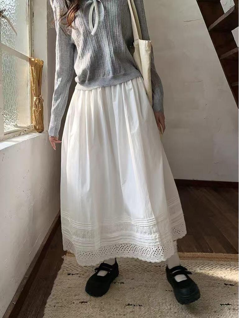 Spring 2026 Korean Slimming Lace-Trim White Midi Skirt