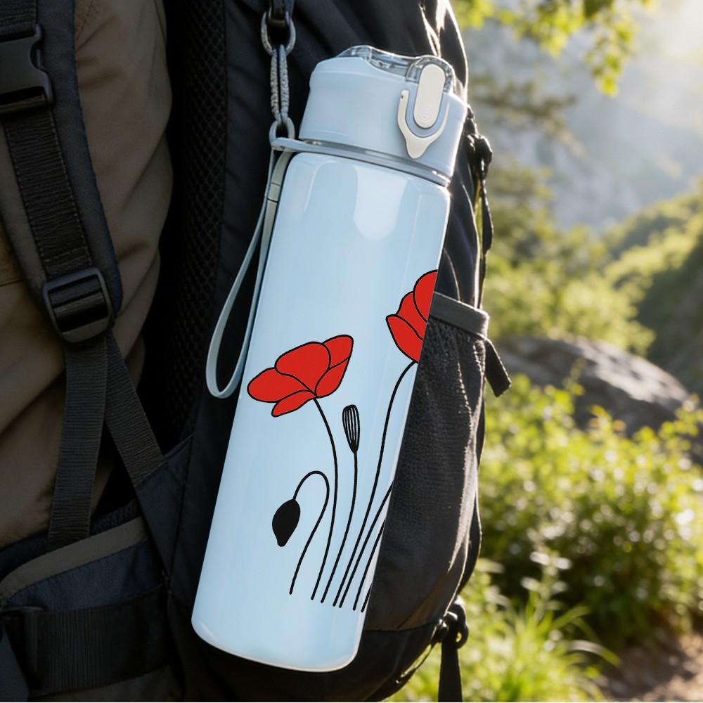1PC Red Poppy Flower Bouquet 750ml Color Plastic Sports Water Bottle Leakproof Flip Straw Lid Suitable for Sports Office Home Use