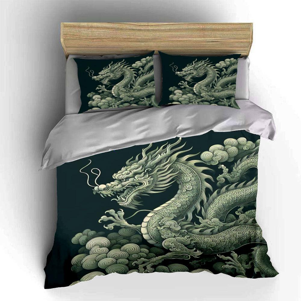 Chinese Dragon Art Decoration Set Bedding Set with 1 Duvet Cover 2 Pillowcases Single Double King Queen, Gift