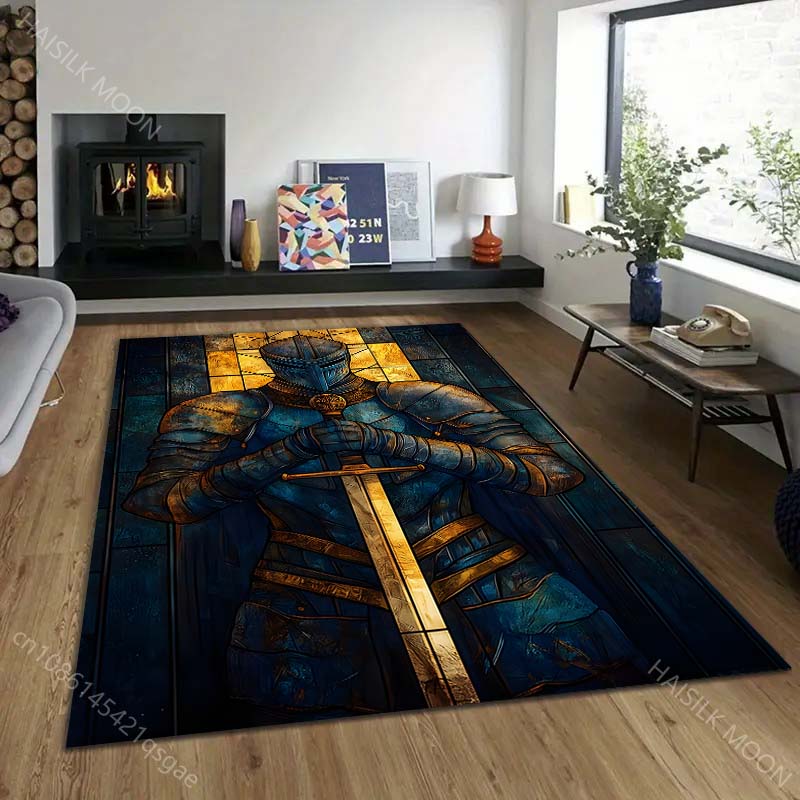 1PC Blue Armored Knight with Sword Print Carpet Rug for Living Room Bedroom Sofa Doormat Home Decor Non-slip Floor Mat