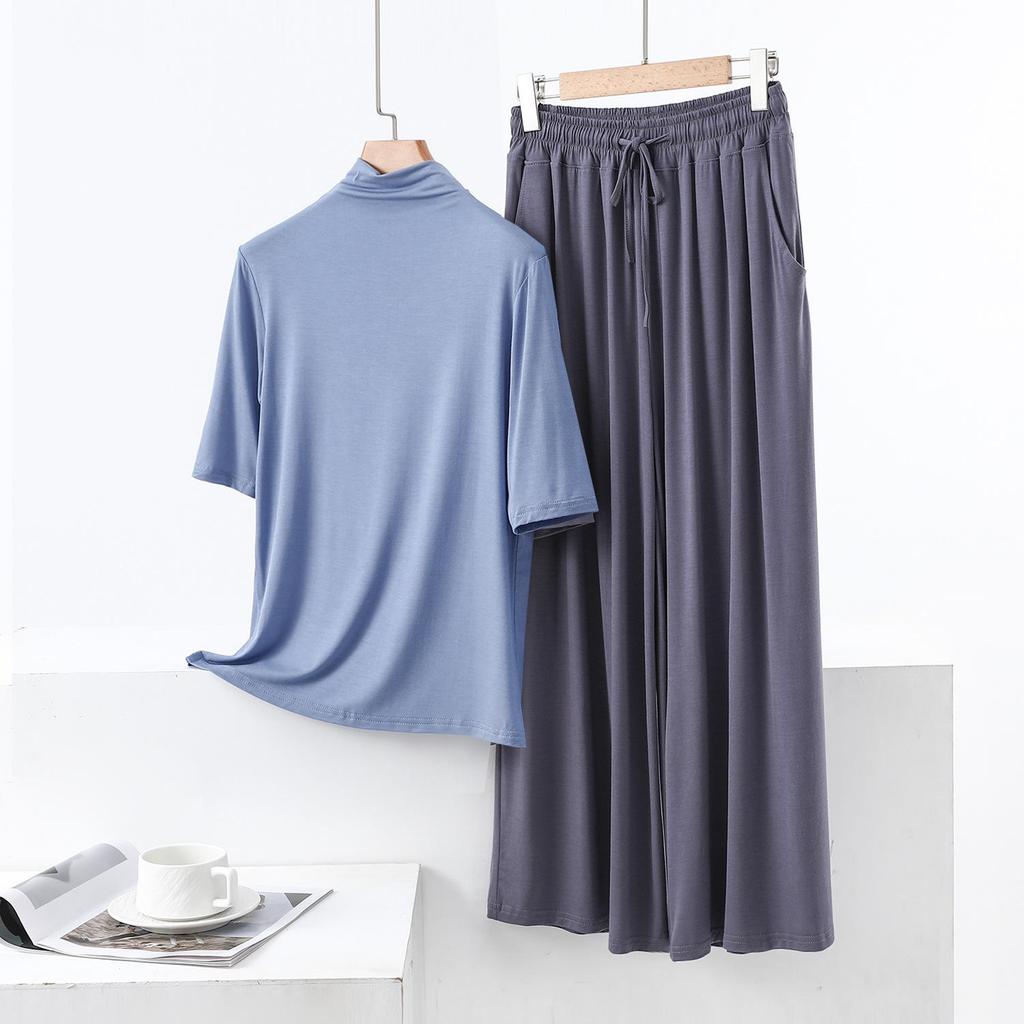 Modal Semi-High Neck Five-Sleeve Shirt & Pocket Wide-Leg Pants Casual Plus Size Two-Piece for Women