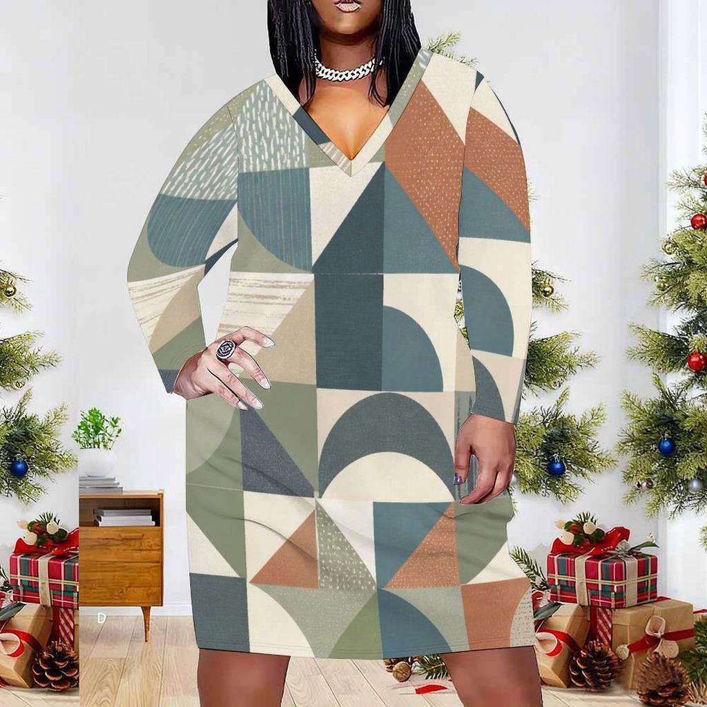Women Plus Size V Neck Long Sleeve Fitted Printed Straight Midi Dress