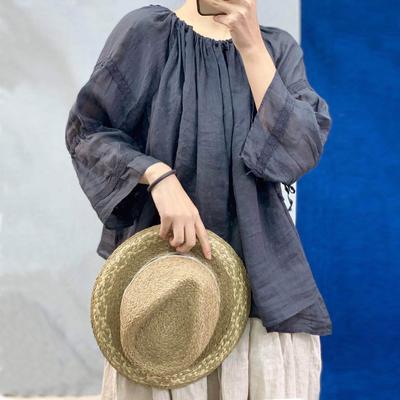 Autumn Vintage Women Linen Solid Color Loose Shirts Three Quarter Sleeve Ruffles Female Blouses