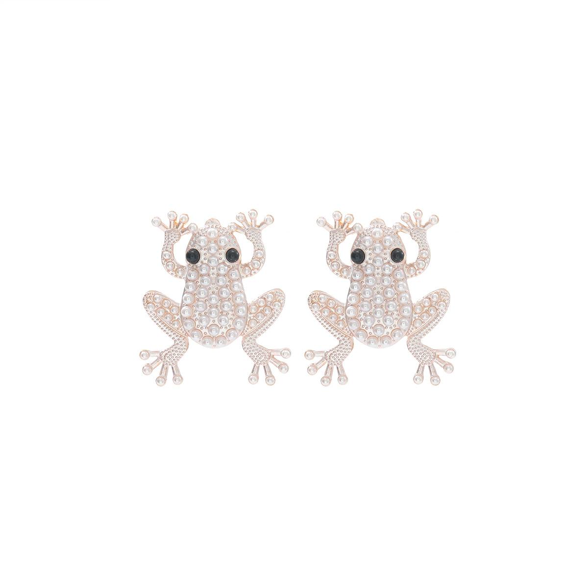 Exaggerated design, alloy inlaid with zircon, imitation pearl, frog earrings, animal ladies