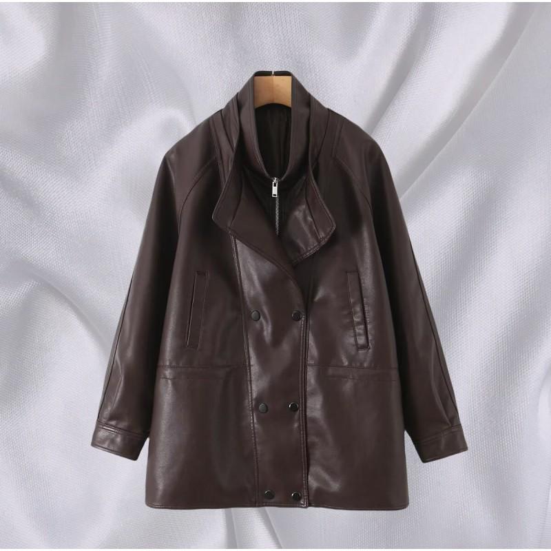 Unisex Double Collar PU Leather Biker Jacket Oversized Streetwear Outerwear Winter