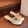 Women's fairy wind and rhinestone outer slippers summer 2025 new thin medium heel square toe cool slippers