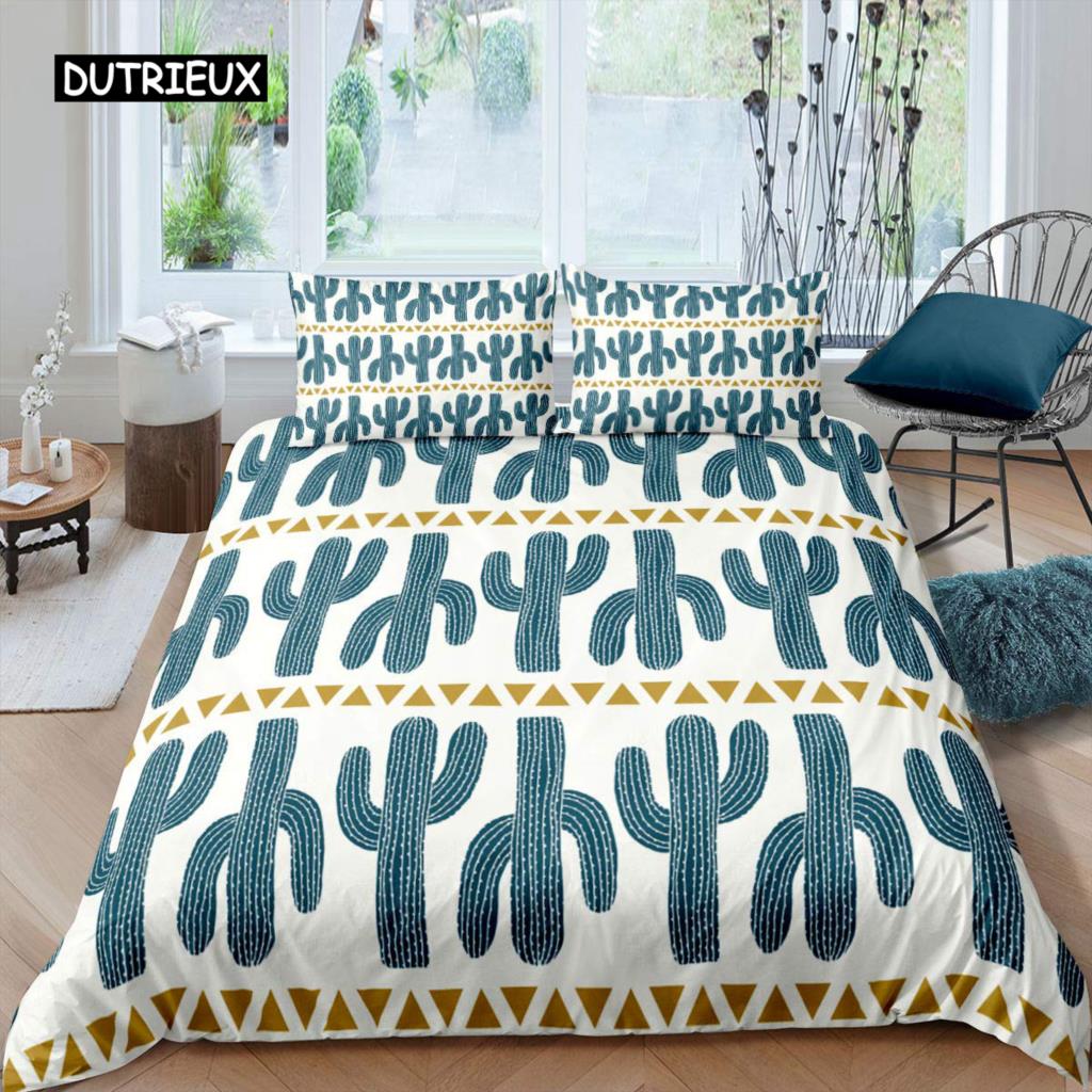 Cactus Duvet Cover Set King Size Hand Painted Style Bedding Set Nature Art Prints Comforter Cover Green Plant Cactus Quilt Cover