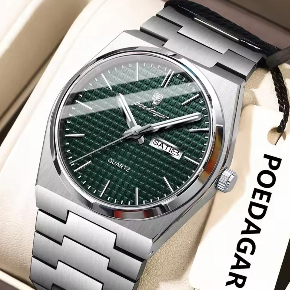 POEDAGAR Luxury Business Men's Quartz Watches Date Week Man Stainless Steel Watch Waterproof Luminous Fashion Wristwatch+Box