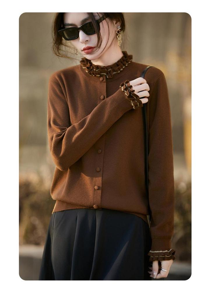 French Wool Knit Cardigan with Faux Two-Piece Design - Women's Autumn/Winter Outerwear Sweater