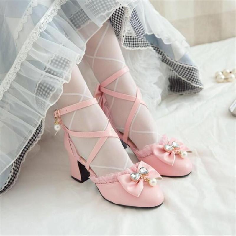 Girls High Heels 2026 Ladies Heels Sandals Sweet Bow Lace Princess Mary Jane Lolita Shoes Party High Heel Women Pumps Pink