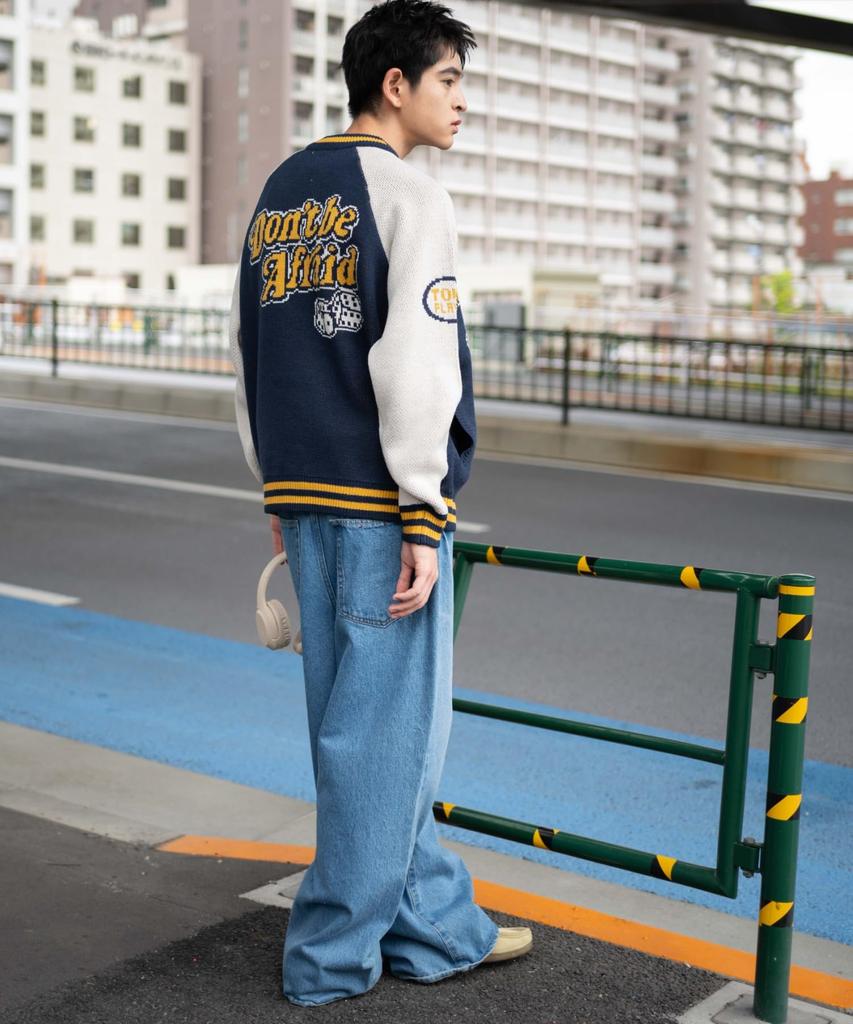 WEGO Unisex Jacquard Knit Stadium Size Navy Jacket, Outerwear, Streetwear, Casual, Fall/Winter, Gift, Men's, M,