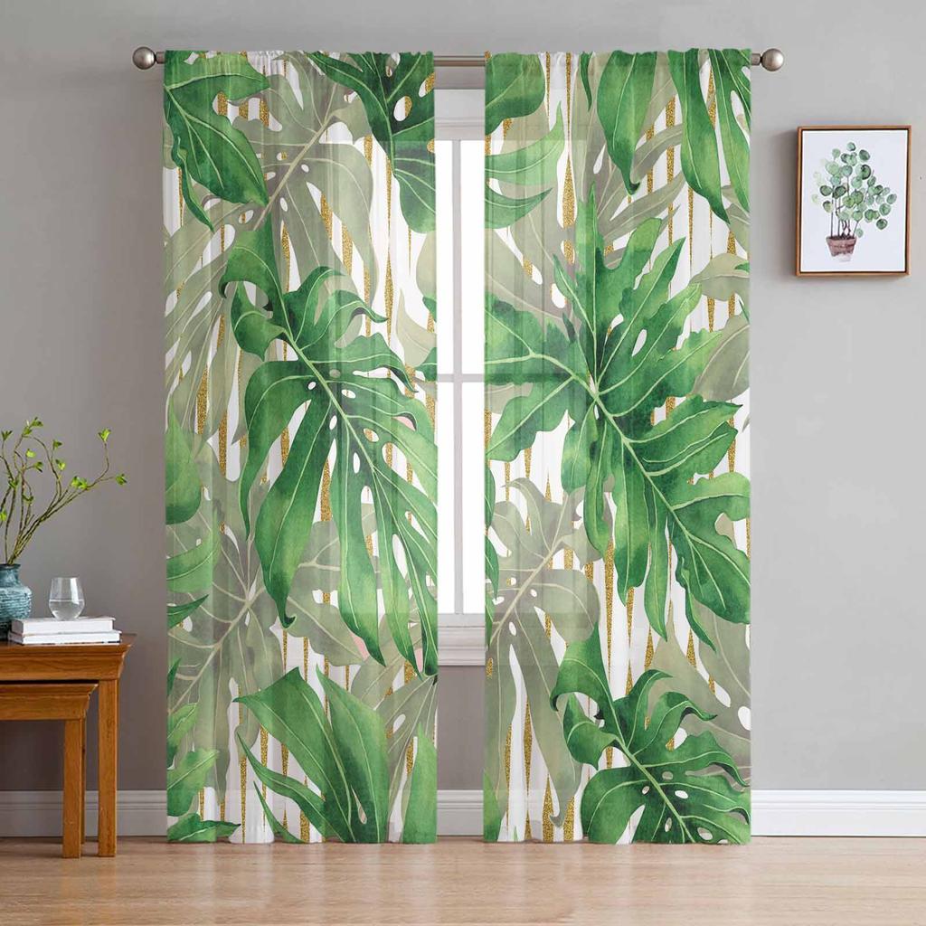Tropische Dschungelpflanze Monstera Vorhang für Wohnzimmer Transparente Tüllvorhänge Fensterschoner für das Schlafzimmer Zubehör Dekor