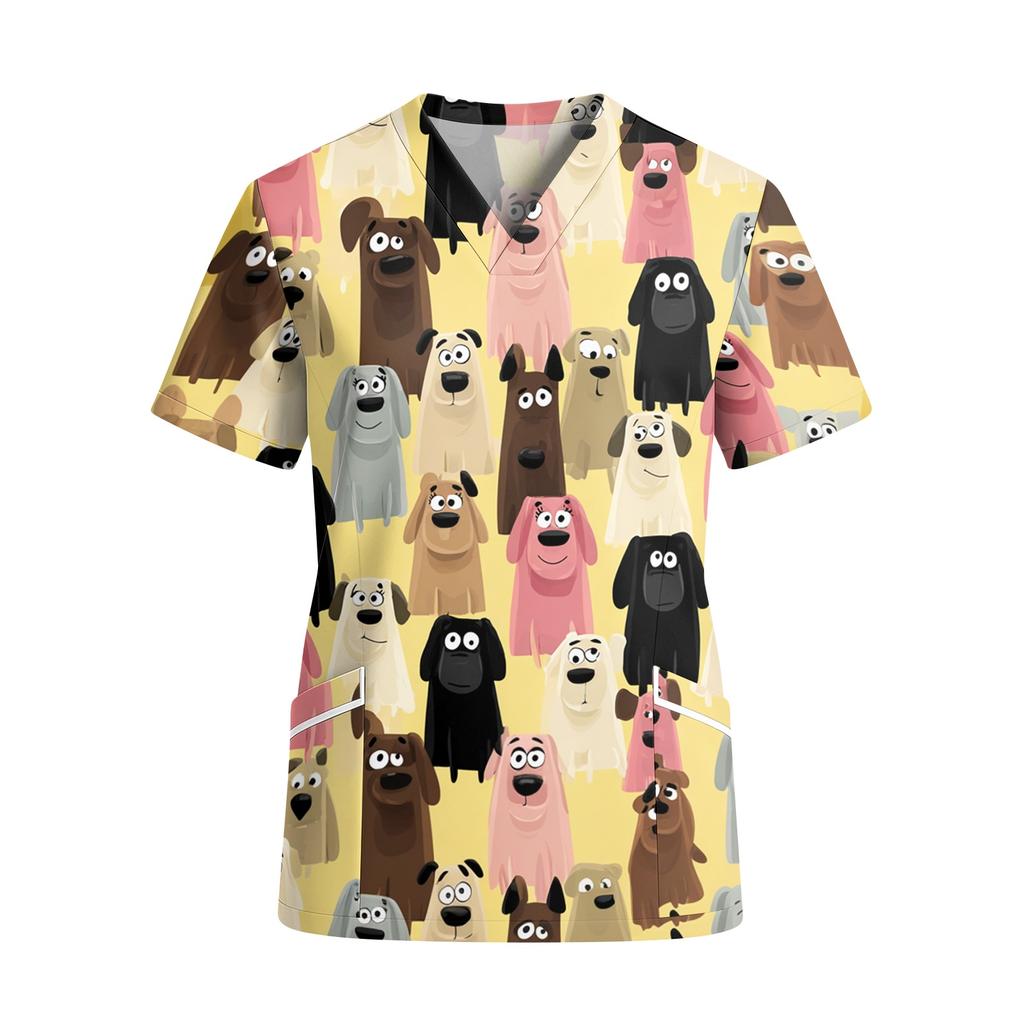 Women V Neck Short Sleeve Work Shirt with Pockets Animal Print Top Medical Uniform Scrub Blouse Relaxed Fit Durable Fabric