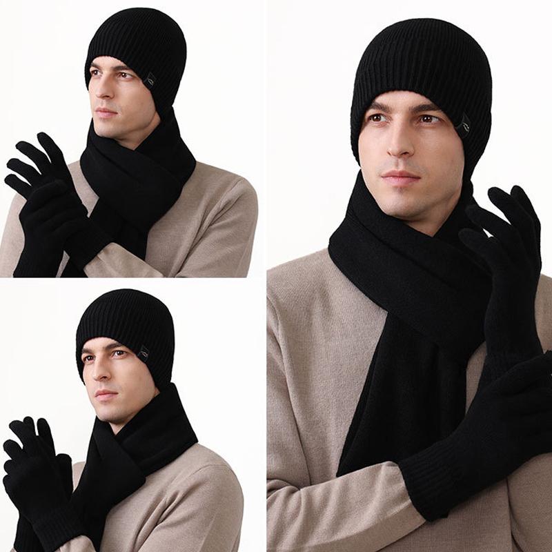 Thick Velvet Warm Windproof Three-Piece Set Big Head Circumference Knitted Hat Long Scarf Touch Screen Gloves