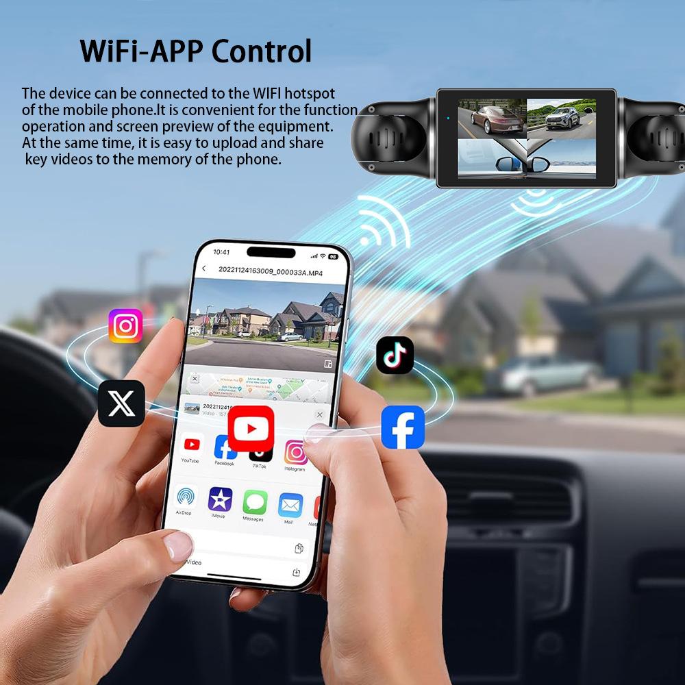 1080P Quad Dash Cam, 4-Channel 4-Screen Display, WiFi, Phone Sync, GPS, Rear View, Night Vision, Wide Angle